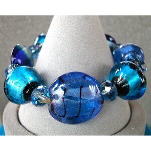 Handmade Blue Glass Bead Stretch Bracelet 6.5" With Black Swirl & Faceted Accent